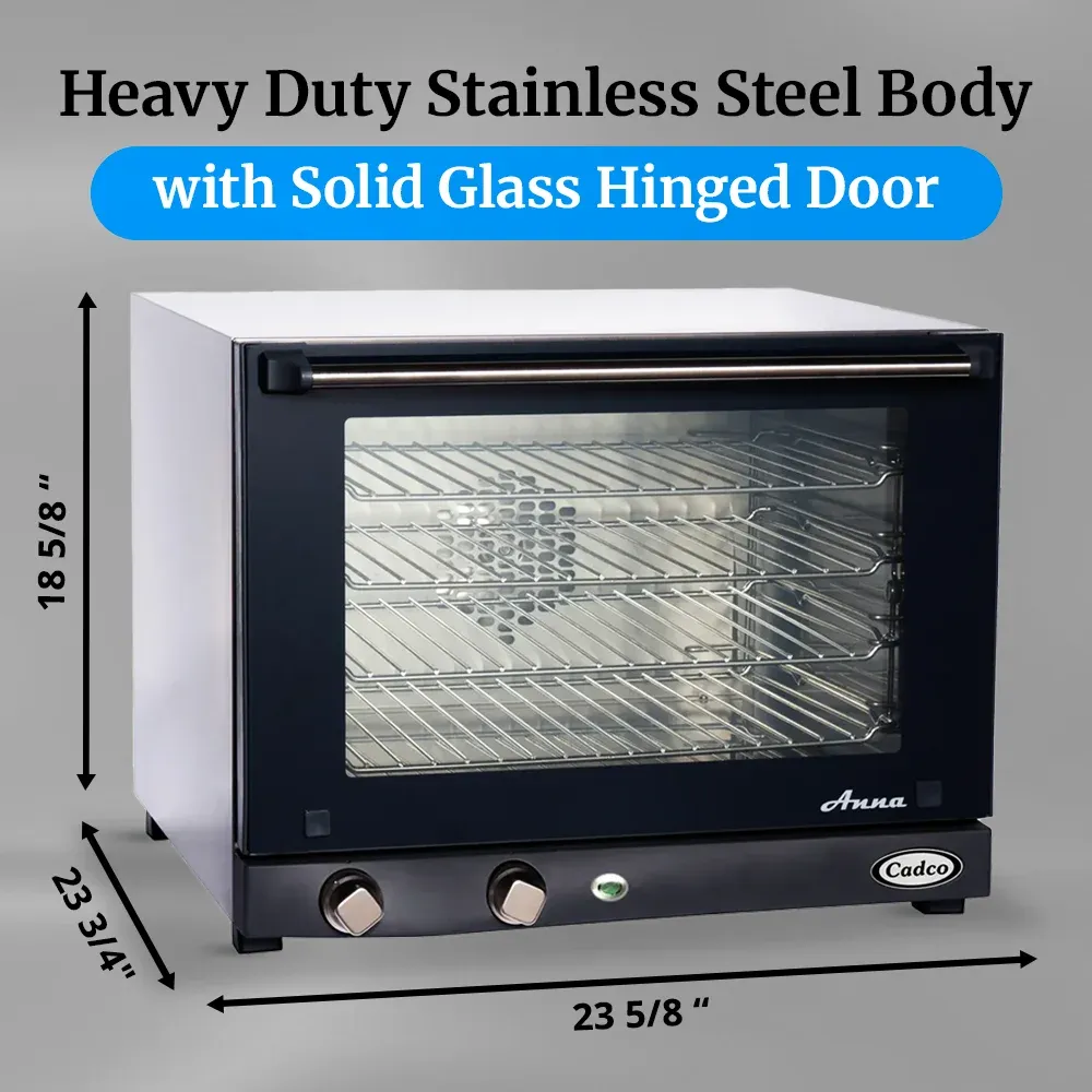 Cadco four-shelf half-size medium-duty convection oven, manual countertop stainless steel, compact adjustable durable catering kitchen.