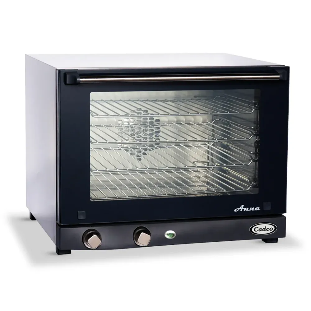 Cadco four-shelf half-size medium-duty convection oven, manual countertop stainless steel, compact adjustable durable catering kitchen.