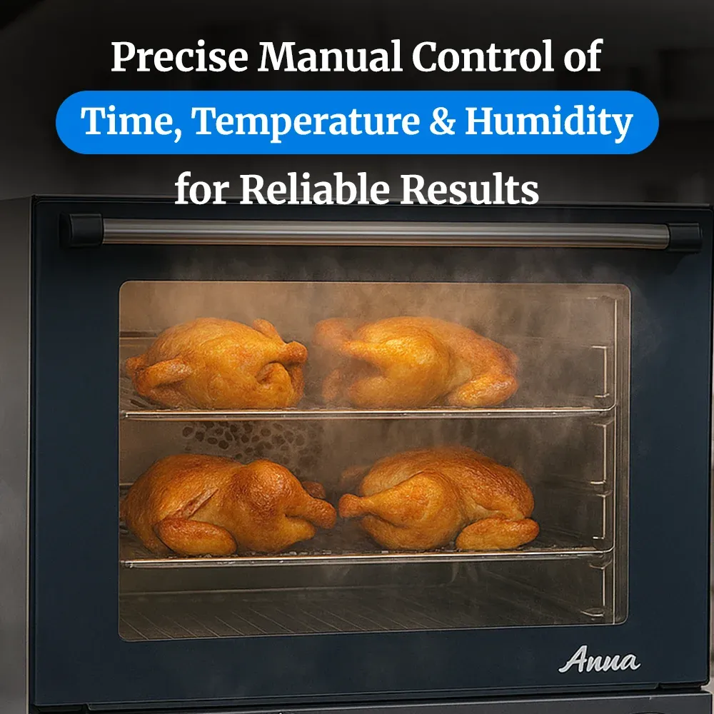 Cadco four-shelf half-size medium-duty convection oven, manual countertop stainless steel, compact adjustable durable catering kitchen.