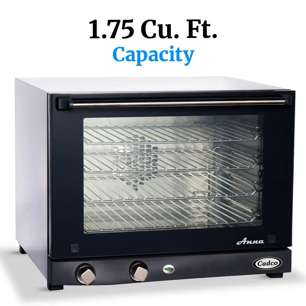 Cadco four-shelf half-size medium-duty convection oven, manual countertop stainless steel, compact adjustable durable catering kitchen.