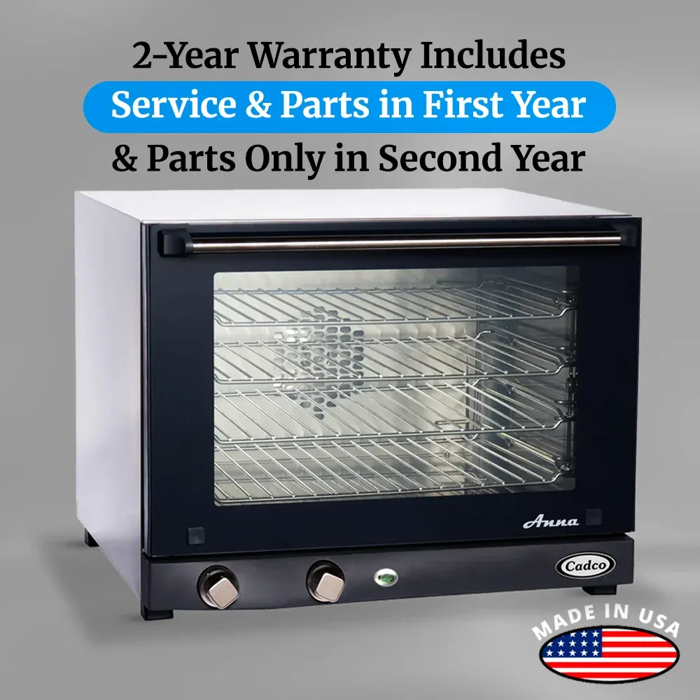 Cadco four-shelf half-size medium-duty convection oven, manual countertop stainless steel, compact adjustable durable catering kitchen.