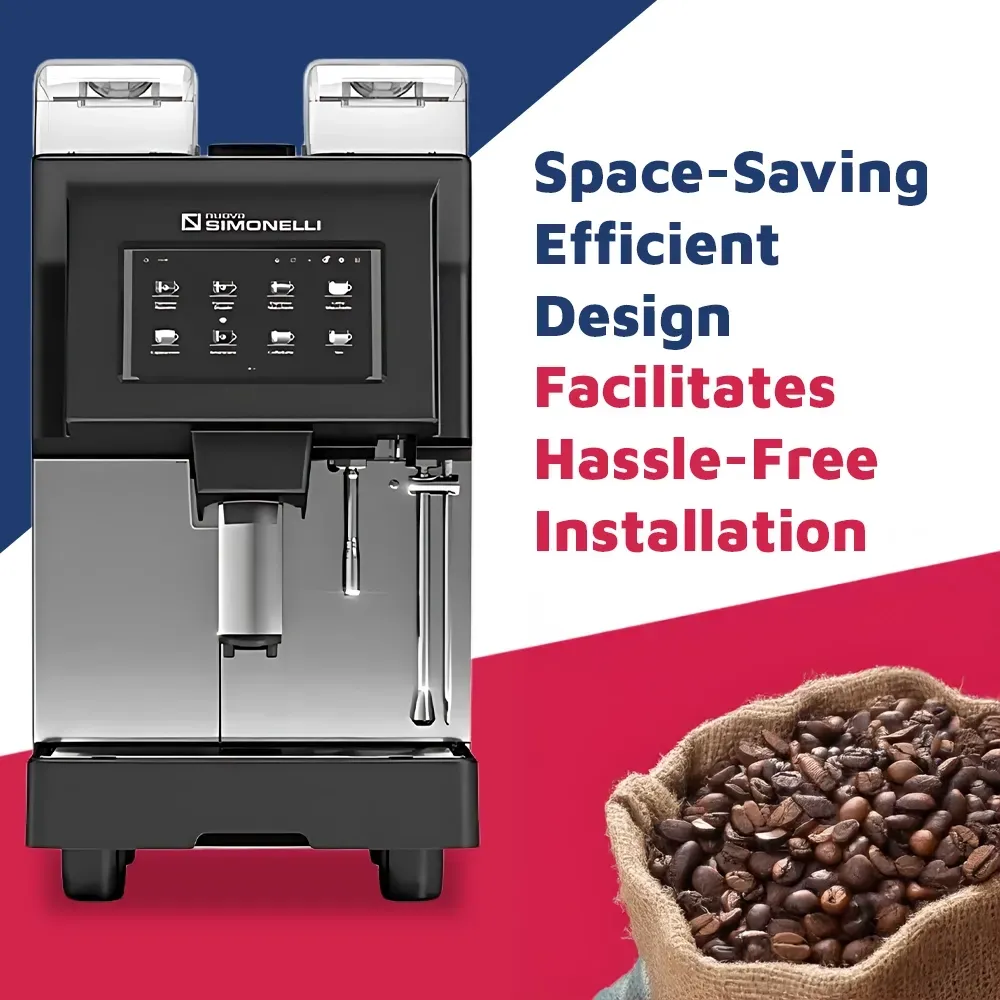 Nuova Simonelli touchscreen super-automatic espresso machine with built-in grinder and milk frother in compact stainless steel for easy operation.