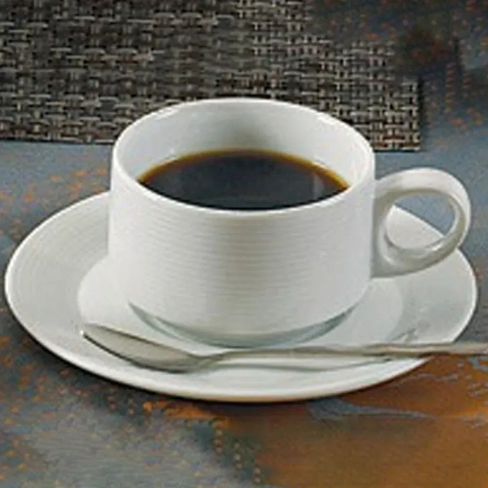 Neat white Yanco China cup, stackable, durable, ideal for cafés or restaurants, chip-resistant, oven & microwave safe, space-saving.