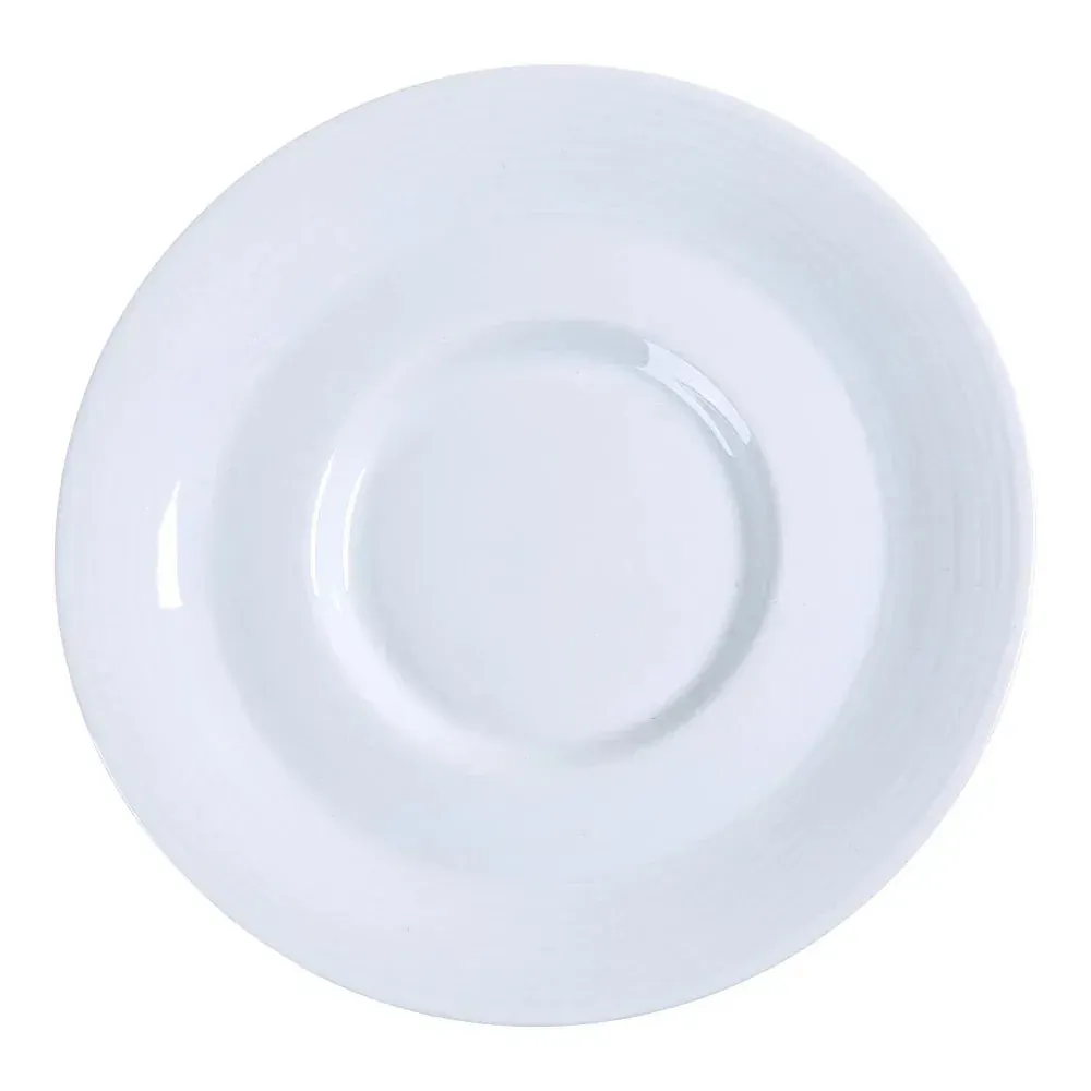 Classic white Yanco China saucer, designed for cups, durable, stackable, elegant café service, chip-resistant, dishwasher safe finish.