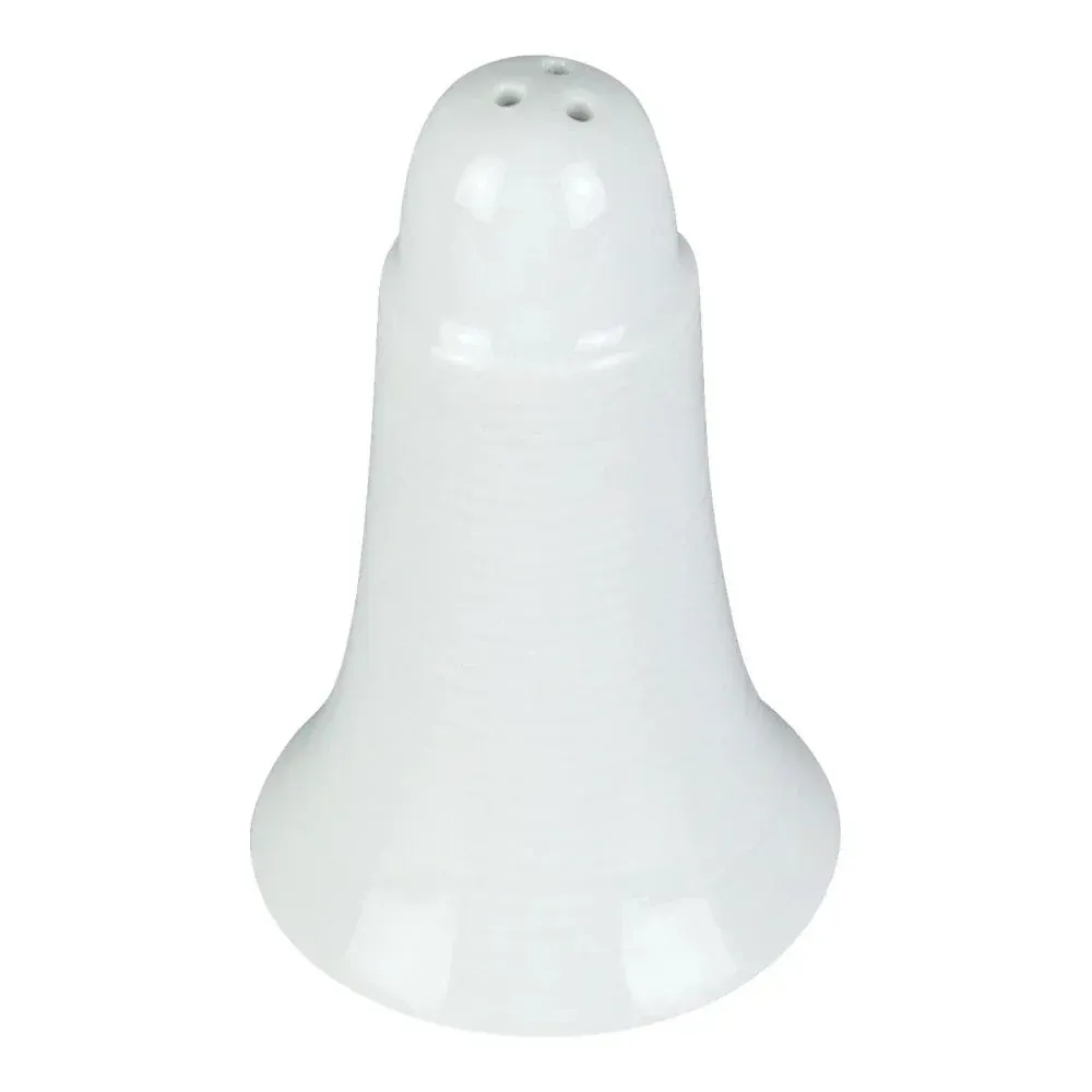 Classic white Yanco porcelain round pepper shaker on linen napkin beside silverware and glassware, smooth glossy finish ideal for restaurant tabletop.