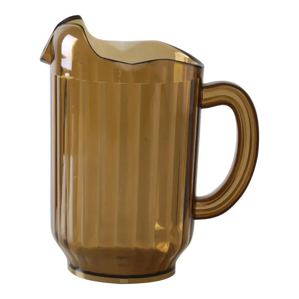 Warm amber plastic pitcher with vintage charm and triple spouts offers durability and retro flair for iced tea, lemonade, or casual events.