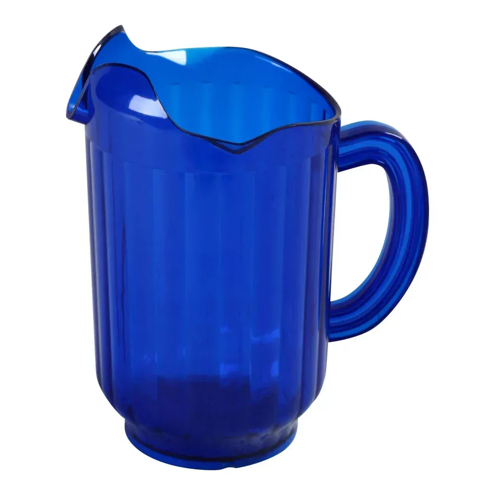 Bold blue plastic pitcher with triple spouts brings color and function to bar setups, beach picnics, or buffets with cheerful presentation.