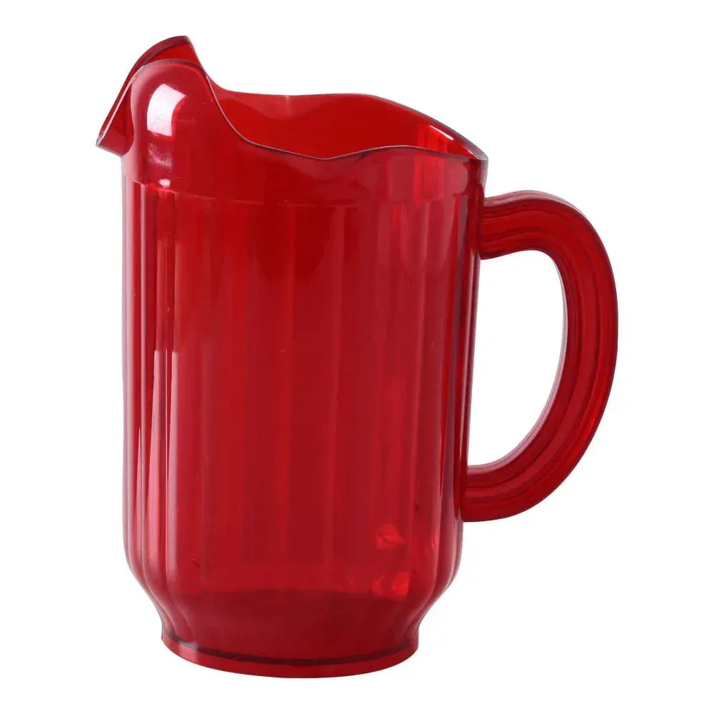 Vibrant red plastic pitcher with triple spouts ensures drip-free pouring, perfect for outdoor events, buffets, or poolside beverage service.