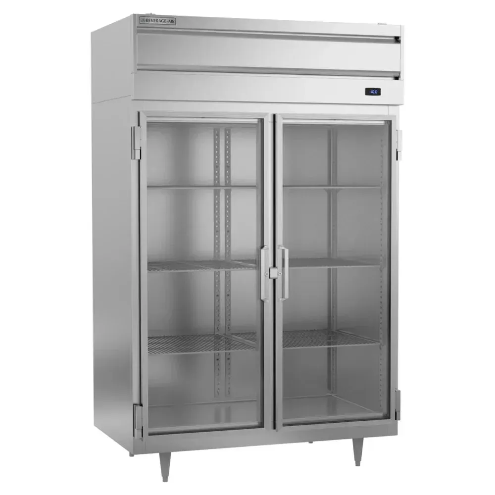Beverage-Air double-section reach-in freezer with full glass doors, bright LED interior, stainless steel for easy frozen item visibility.