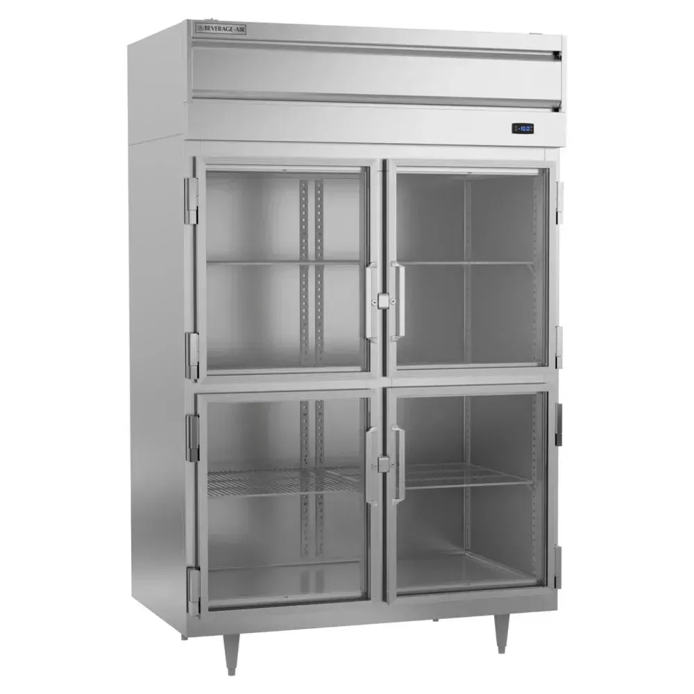 Beverage-Air double-section reach-in freezer with glass half-doors and LED interior, stainless steel, optimized for high-volume kitchens.