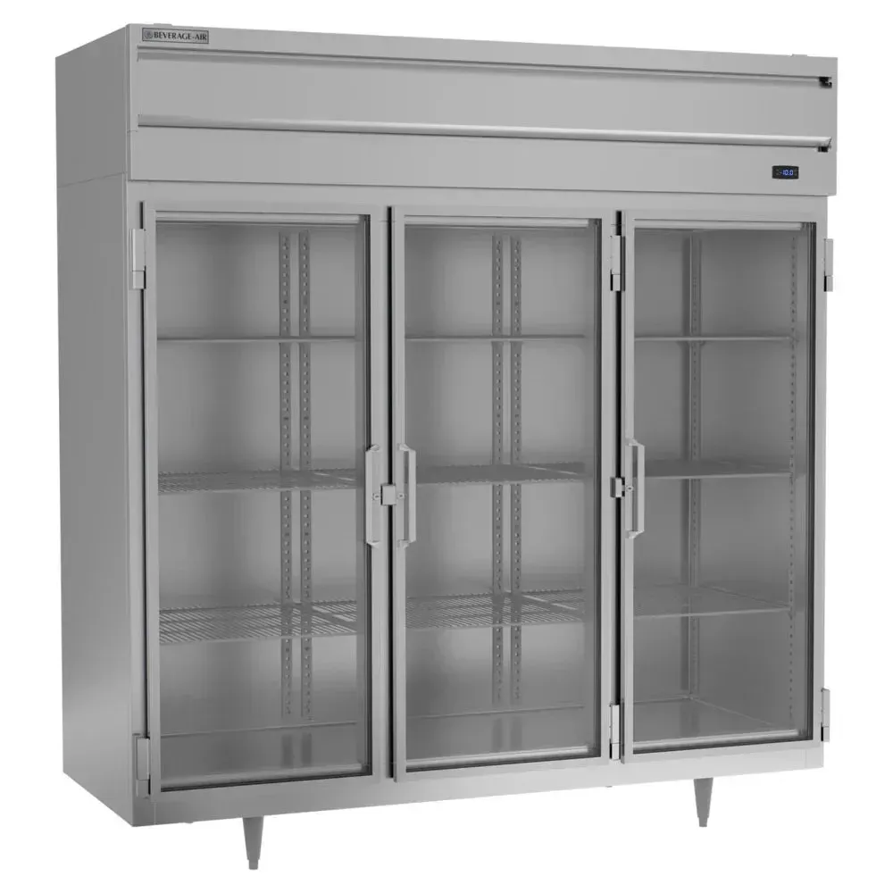 Beverage-Air triple-section full glass door reach-in freezer, stainless steel finish, bright interior ensures vast frozen storage.