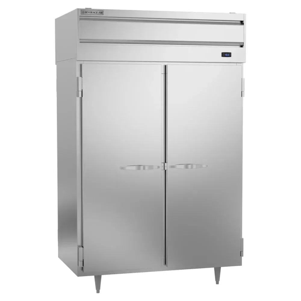 Beverage-Air pass-through solid door freezer with top-mounted cooling, stainless steel exterior, ensuring consistent sub-zero storage.