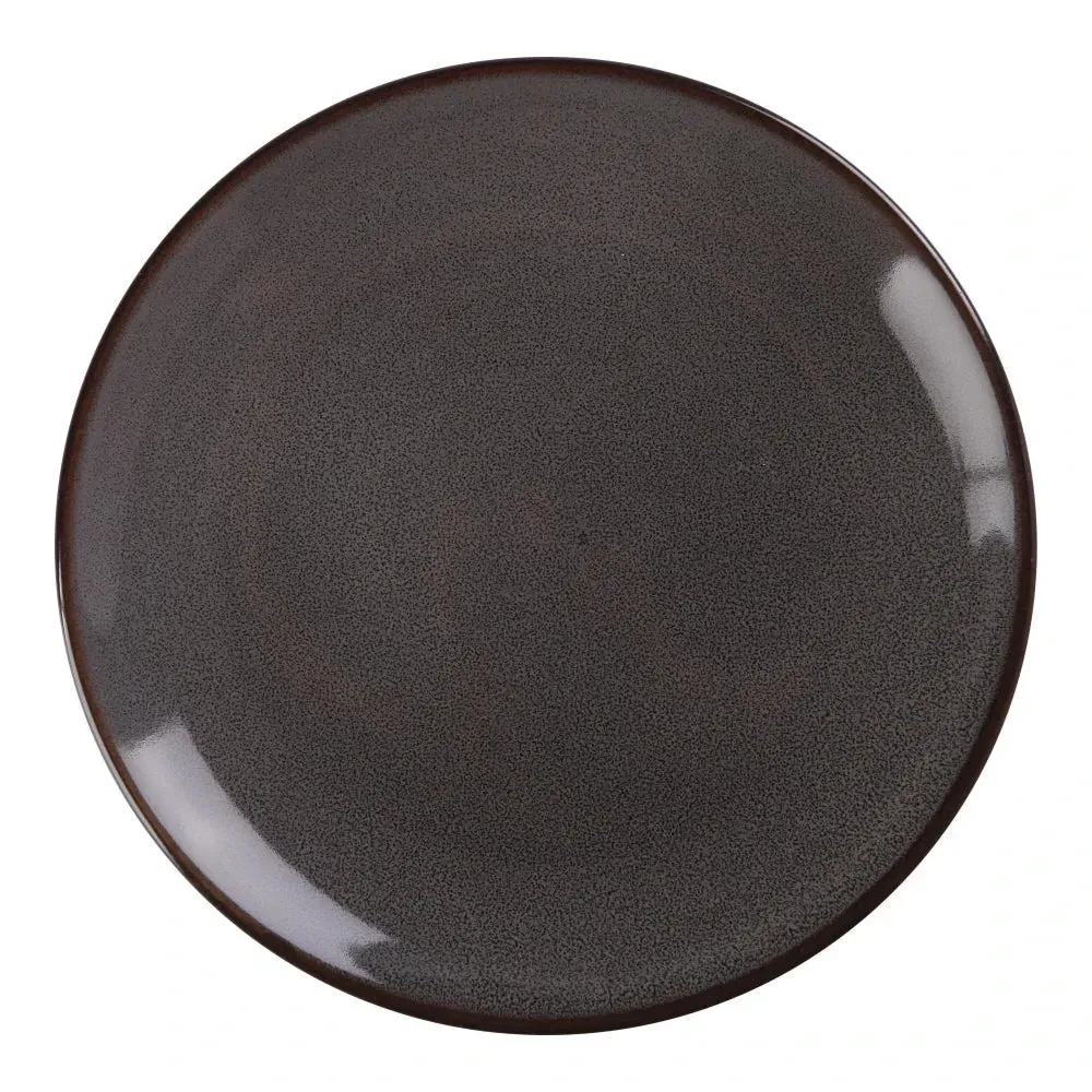 Small gray chinaware coupe plate from Yanco China with a rustic finish, an ideal choice for serving bread or small appetizers with modern feel.