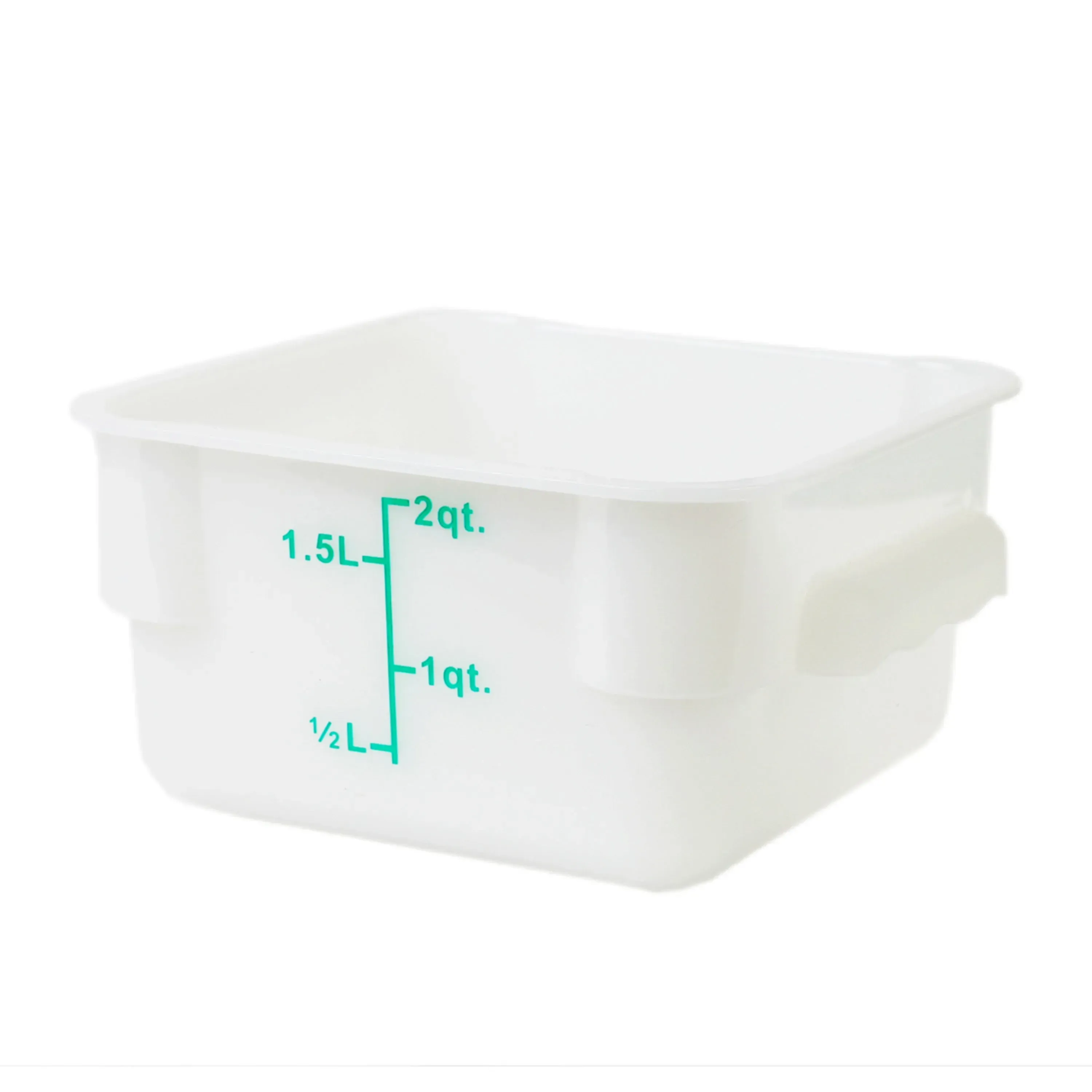 White polypropylene square food storage container by Thunder Group, a small and durable option for organizing various prep stations.