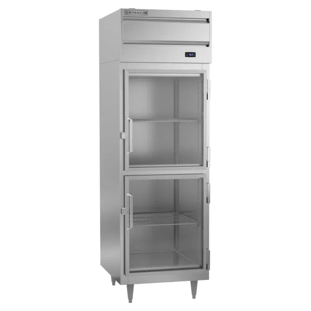 Beverage-Air one-section reach-in refrigerator with two half-size glass doors, offering targeted access and improved energy efficiency.