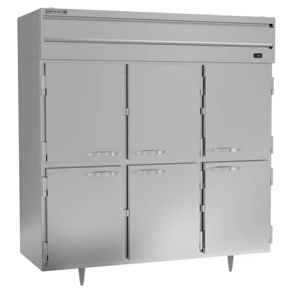 Three-section Beverage-Air reach-in refrigerator with six solid half-doors, maintaining temperatures while allowing targeted access to contents.