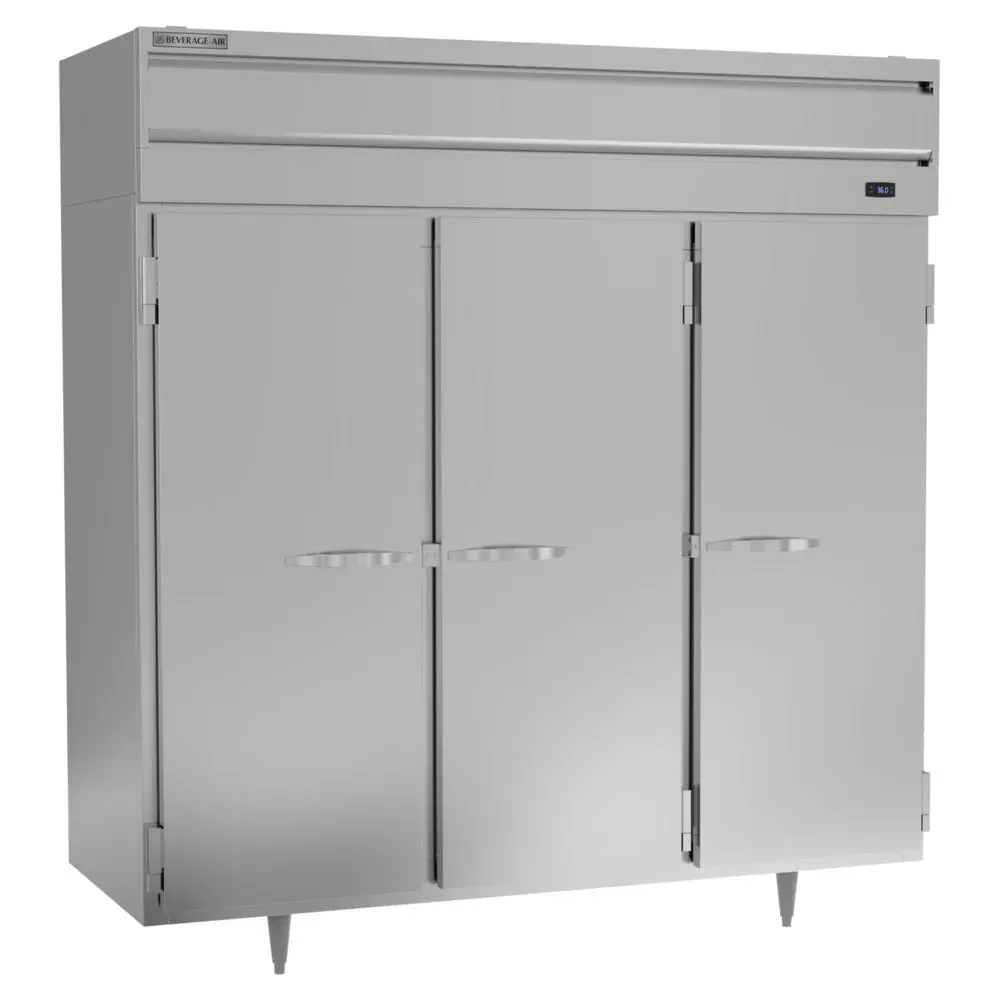 Three-section Beverage-Air reach-in refrigerator with solid doors, offering large-capacity chilled storage for high-volume restaurant use.