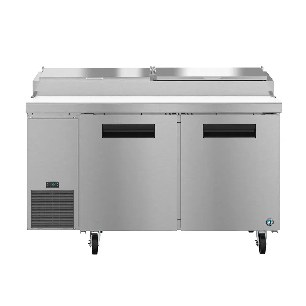 Stainless steel pizza prep table from Hoshizaki America with a refrigerated base, showcasing durable construction and ample storage.