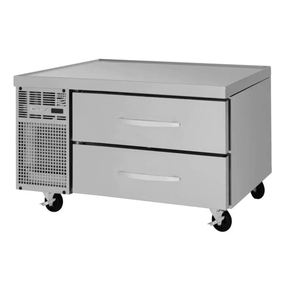 Stainless steel refrigerated chef base from Turbo Air with two drawers and wheels, perfect for compact kitchen setups with reliable refrigeration.
