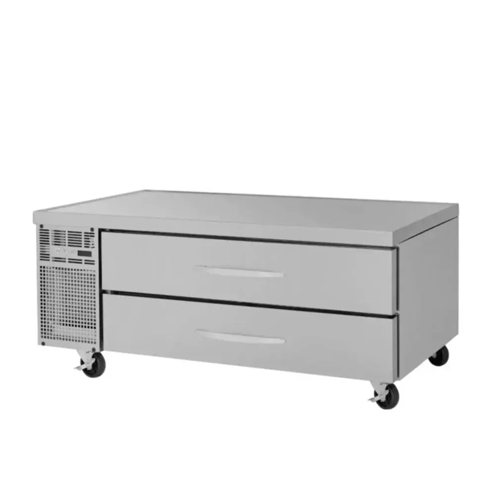 Stainless steel refrigerated chef base from Turbo Air with two drawers and wheels, ideal for cold storage and easy mobility in commercial kitchens.
