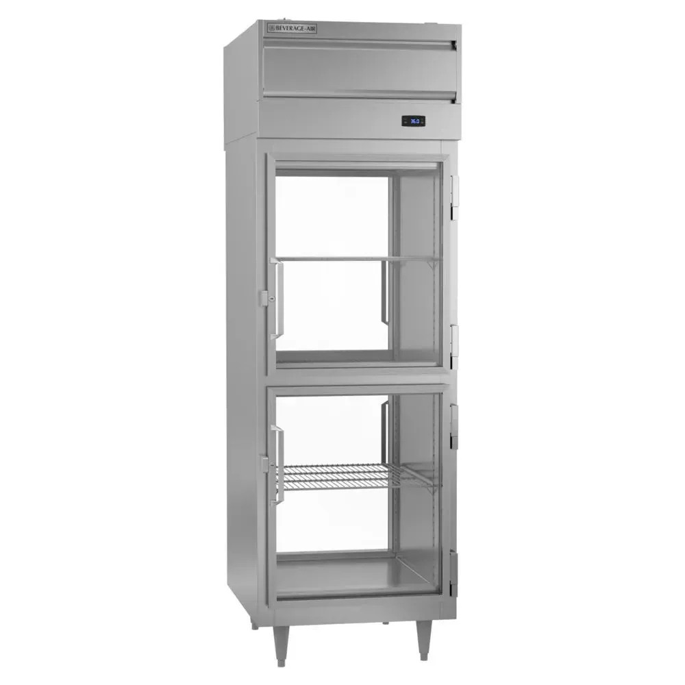 Single-section Beverage-Air pass-thru refrigerator with two glass half-doors, compact design for dual-sided access and efficient service.