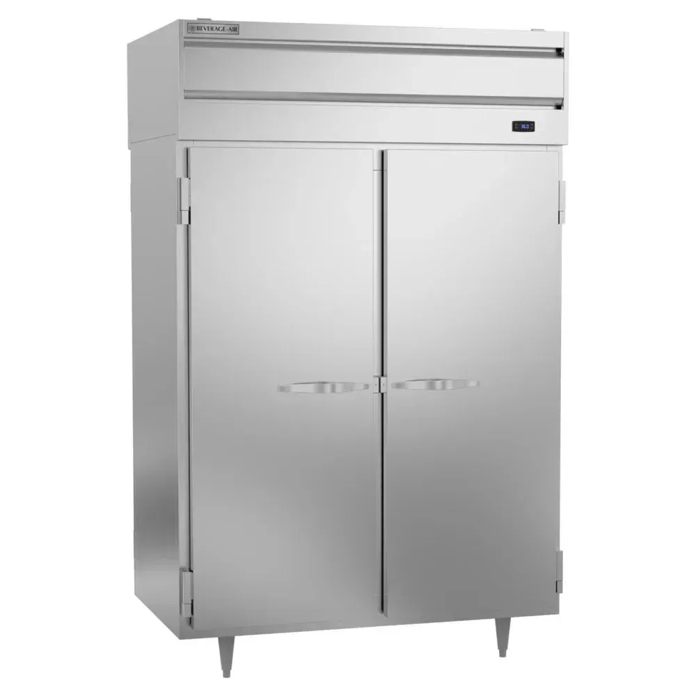 Two-section Beverage-Air pass-thru refrigerator with solid doors, durable and efficient solution for high-traffic commercial kitchen environments.