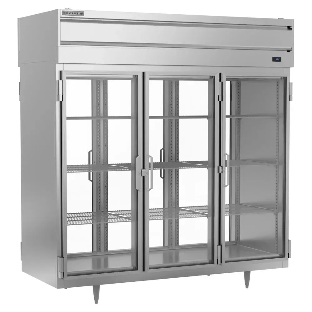 Beverage-Air three-section pass-thru refrigerator with three full-length glass doors, built for maximum visibility and smooth kitchen workflow.