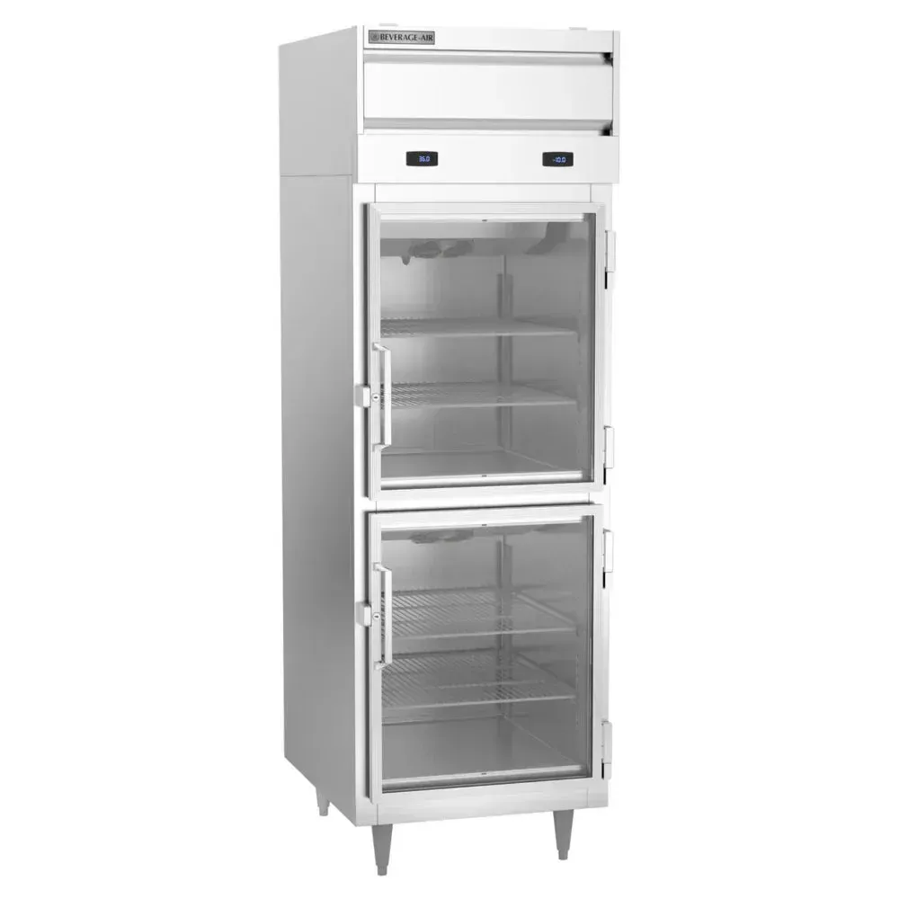 Beverage-Air single-section dual-temp reach-in unit with two glass half-doors, allowing visibility in both refrigerator and freezer sections.