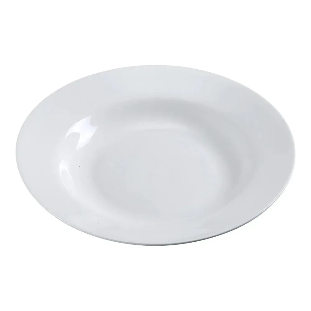 Yanco China deep white round pasta chinaware bowl cradles generous portions of noodles, salads, or shared appetizers in elegant upscale settings.