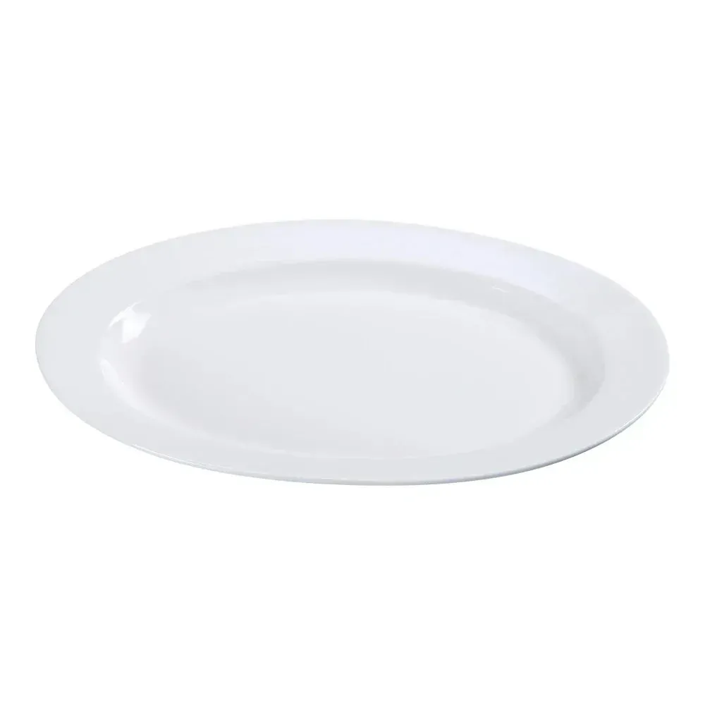 Yanco China medium white oval chinaware platter offers sleek understated presentation for mains or shared appetizers in fine hospitality service.