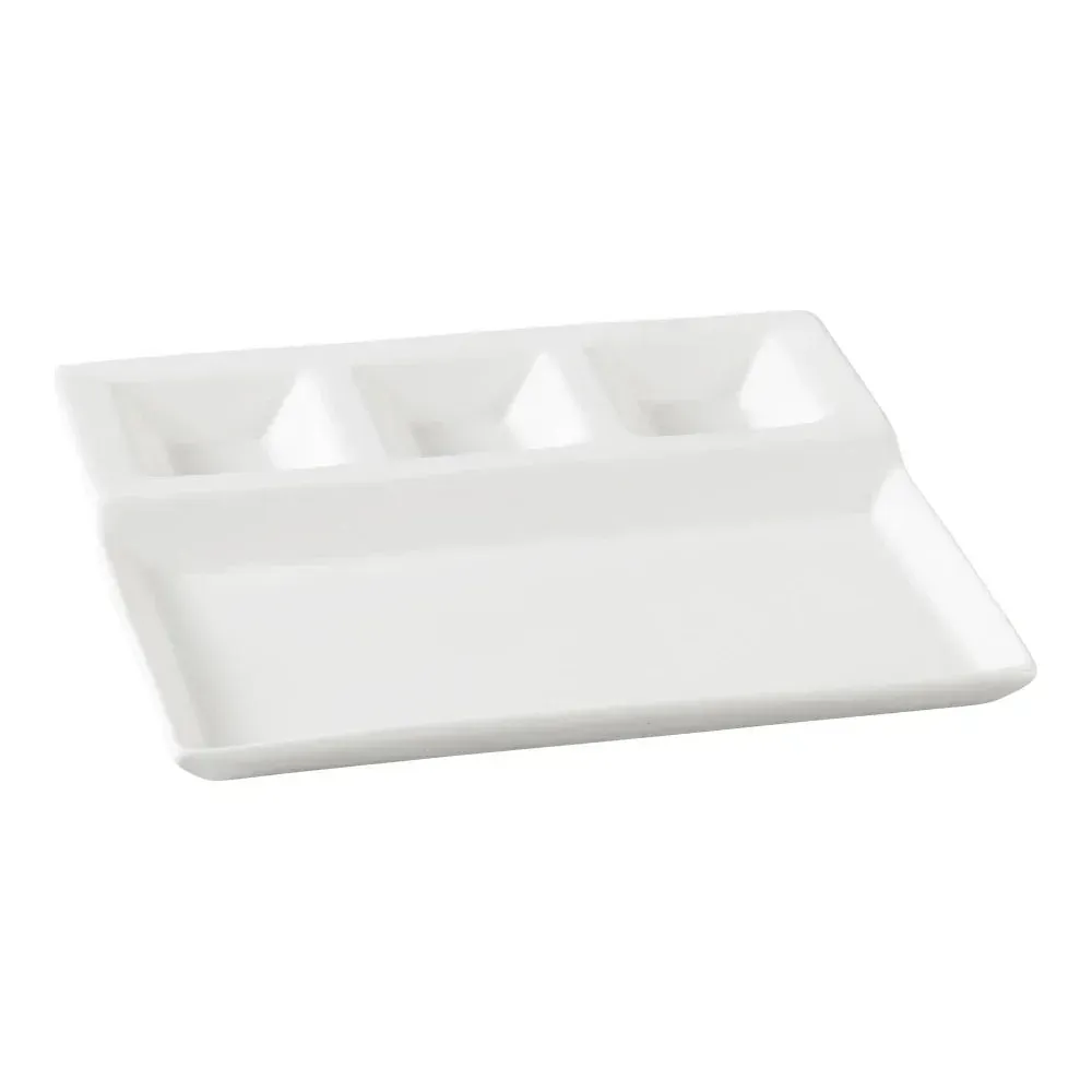 Yanco China versatile white rectangular four-compartment chinaware plate organizes tasting menus or bento-style meals with clean modern elegance.