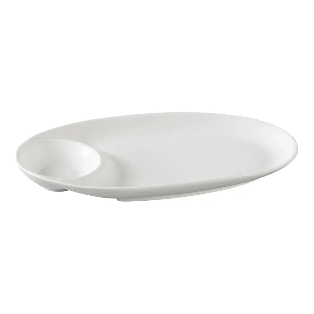 Yanco China elegant white oval compartment chinaware plate perfect for stylishly separating sauces, sides, or tapas in sophisticated presentation.