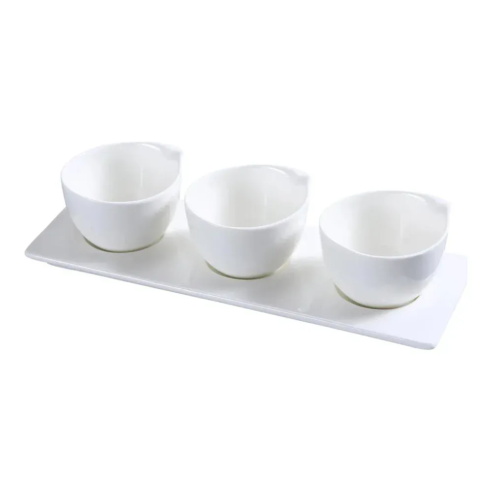 Yanco China compact Piscataway condiment trio with small cups and tray ideal for tasting menus, appetizers, and elegant buffet service setups.