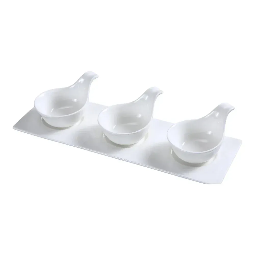 Yanco China Piscataway condiment set including three spoons and elongated tray perfect for sauces, condiments, and buffet accompaniments.