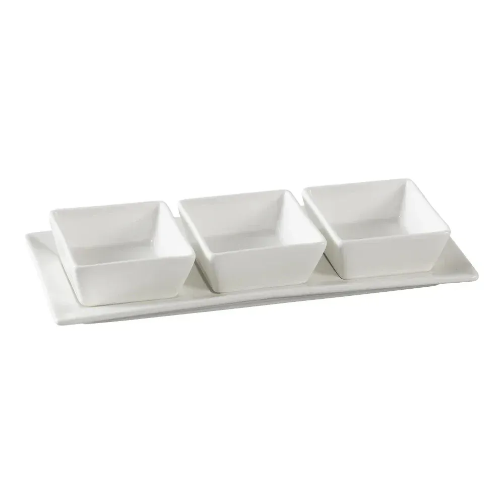 Yanco China Piscataway condiment server set featuring three square bowls and sleek rectangular tray for elegant tabletop sauce presentations.