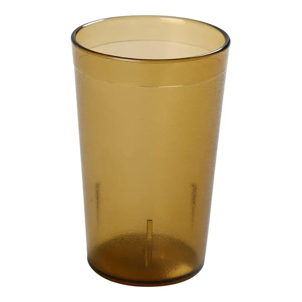Yanco China golden amber plastic tumbler radiates warmth at outdoor gatherings and food courts with lightweight, durable, stylish construction.