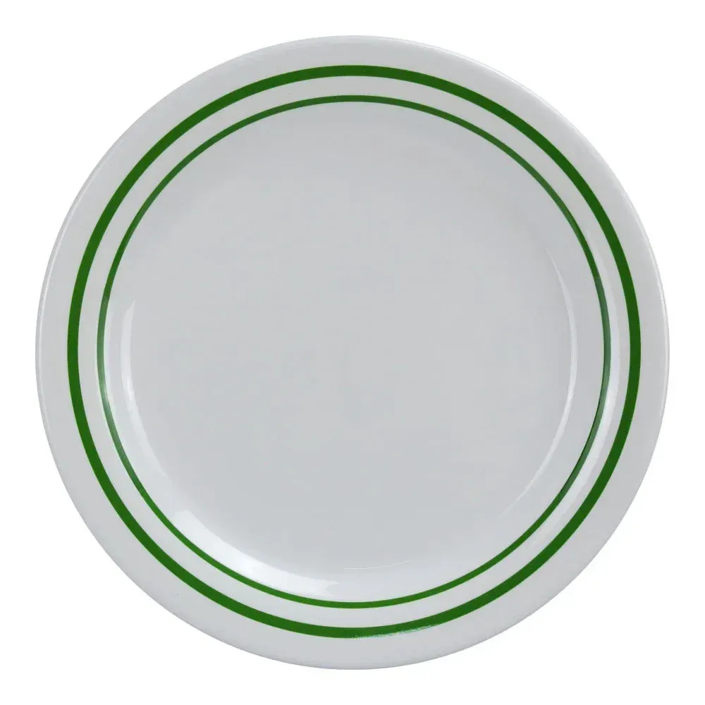Yanco China compact pine tree melamine round plate ideal for bread, salads, or desserts, perfect for rustic lodge style dining and casual hospitality.