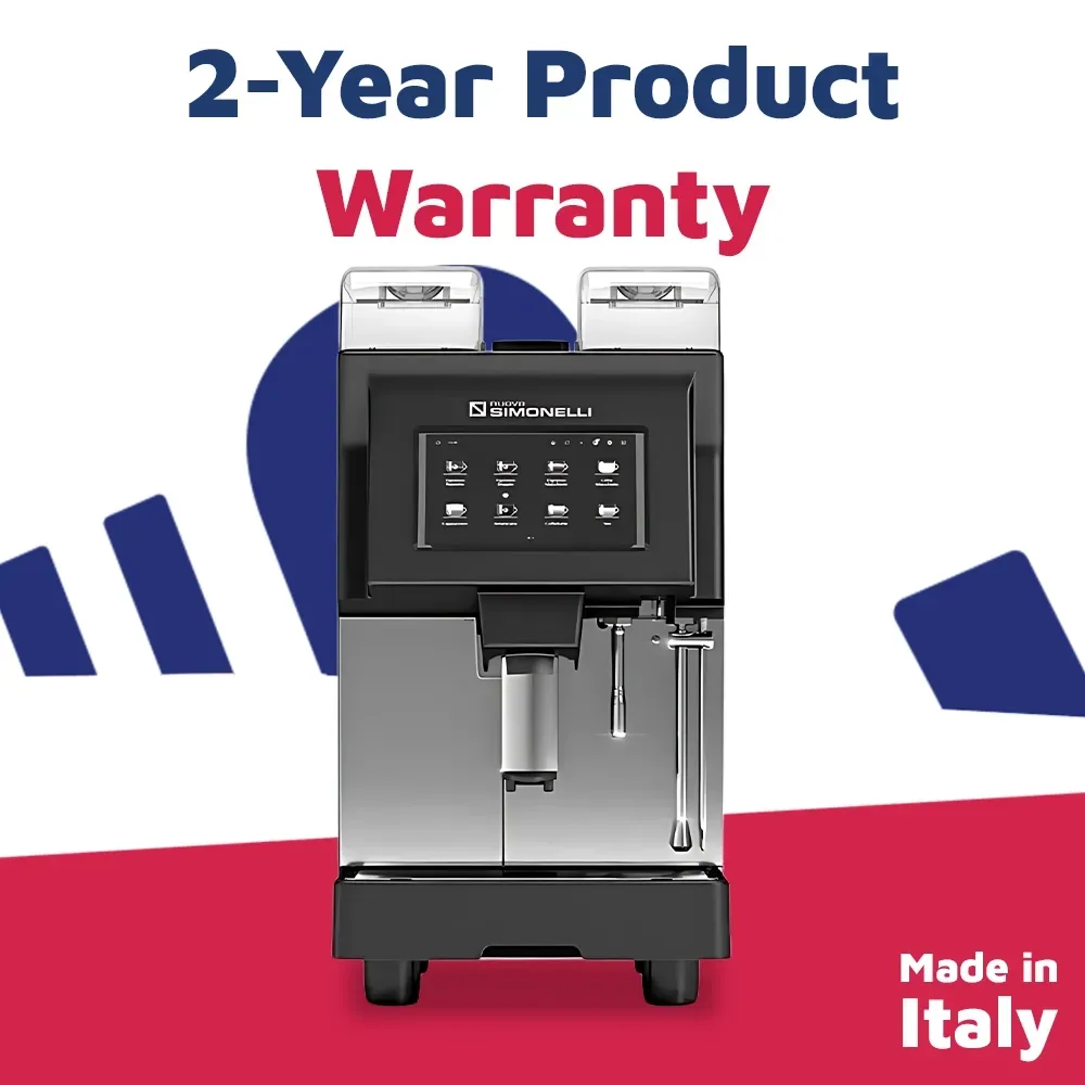 Nuova Simonelli touchscreen super-automatic espresso machine with built-in grinder and milk frother in compact stainless steel for easy operation.