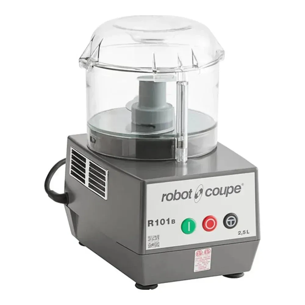 Robot Coupe clear polycarbonate batch bowl food processor, front view, made for efficient slicing and chopping with easy ingredient visibility.