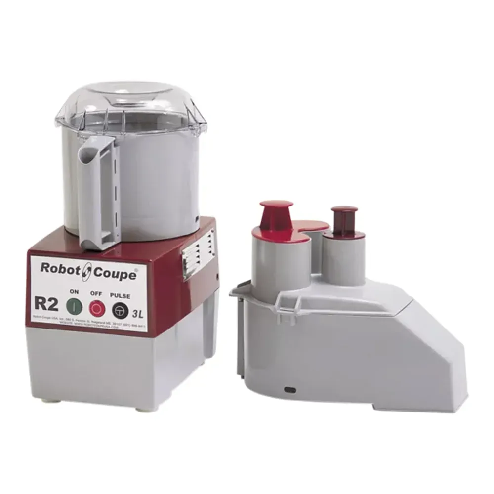 Robot Coupe bowl food processor with two discs, front view, efficient for slicing, shredding, and mixing in commercial kitchen environments.