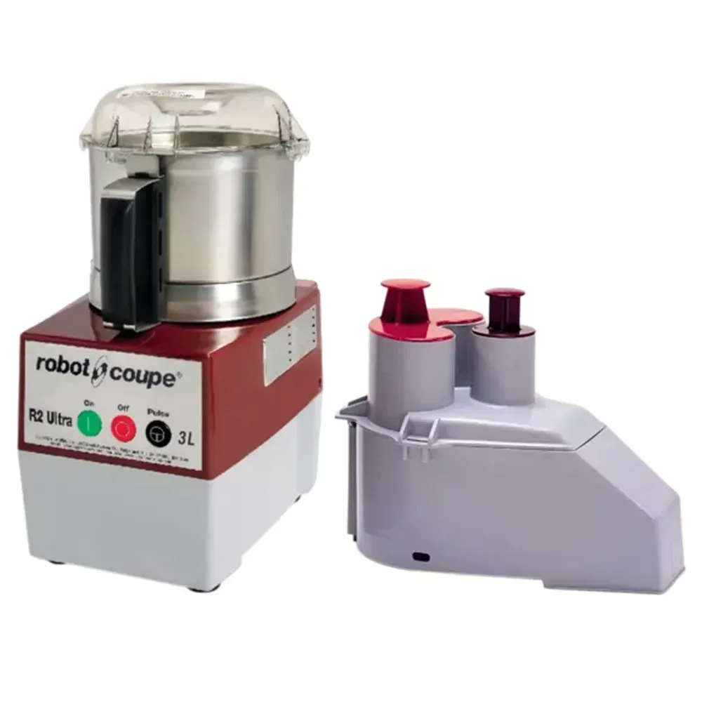 Robot Coupe stainless steel bowl food processor with compact design, ideal for precise slicing, dicing, and chopping in commercial kitchen settings.