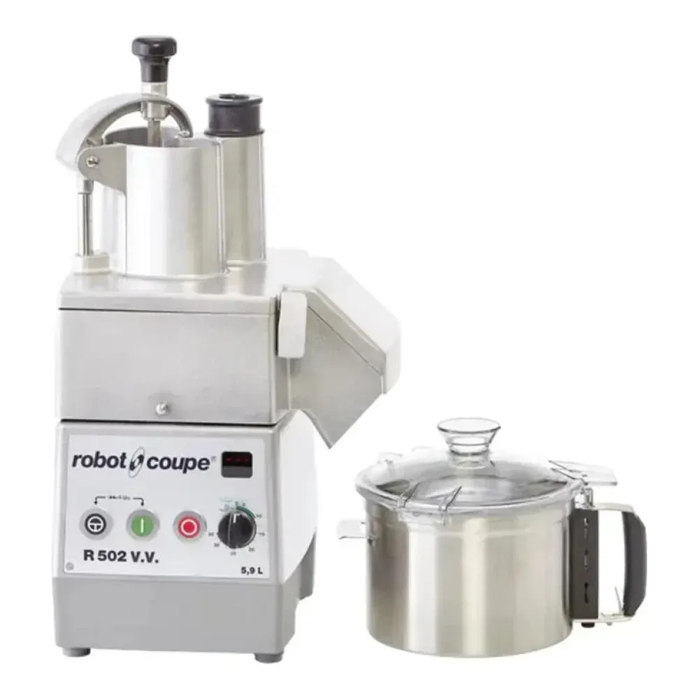 Robot Coupe variable speed food processor with cutter bowl and vegetable prep, stainless construction for texture control in daily food preparation.