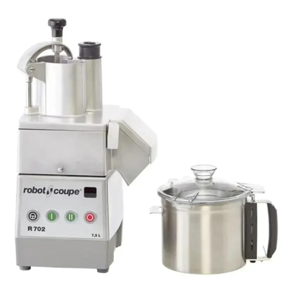 Robot Coupe food processor with vegetable prep set and stainless bowl, built for high-output slicing and dicing in professional kitchen operations.
