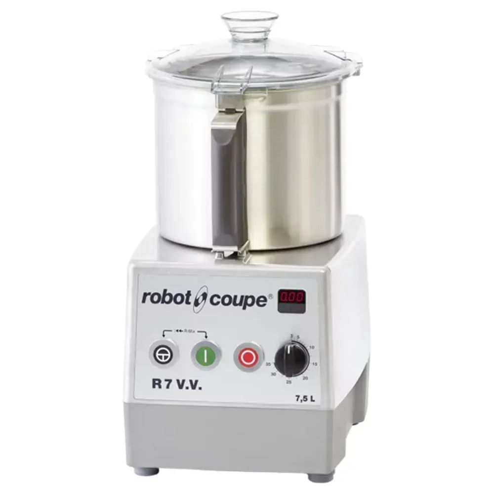 Robot Coupe tabletop cutter mixer with stainless bowl, ideal for soups, sauces, purees, and dough in compact kitchens and food preparation stations.