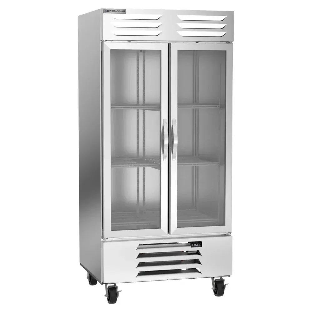 Commercial Beverage-Air reach-in refrigerator with two glass doors, designed for displaying chilled items while keeping temperatures stable.