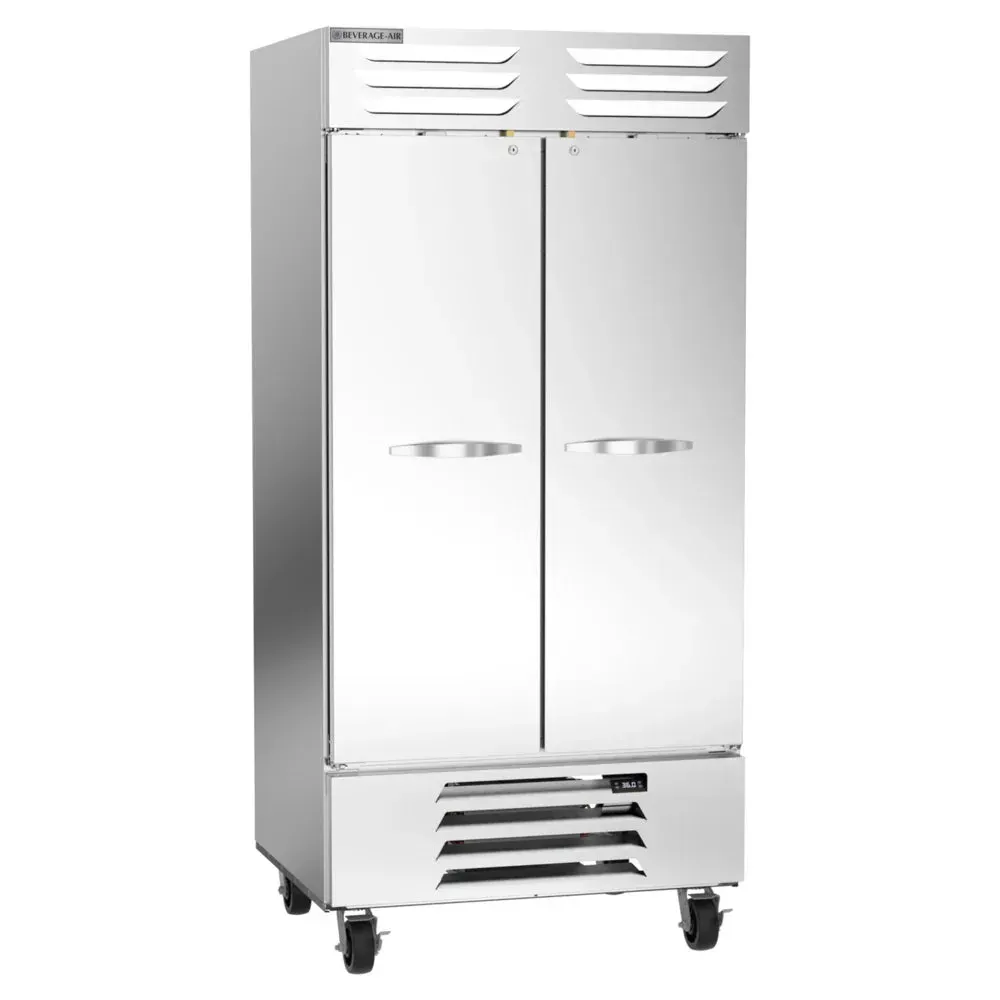 Two-section Beverage-Air reach-in refrigerator with solid doors, ensuring secure, energy-efficient storage for a variety of perishable foods.