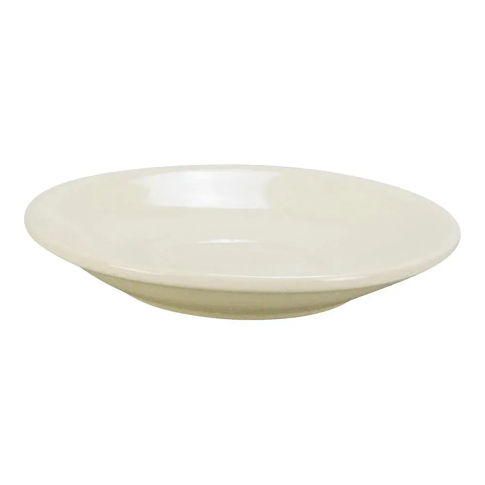 Yanco China compact white recovery saucer fits institutional cups, pairing perfectly with coffee or tea in healthcare and cafeteria service.
