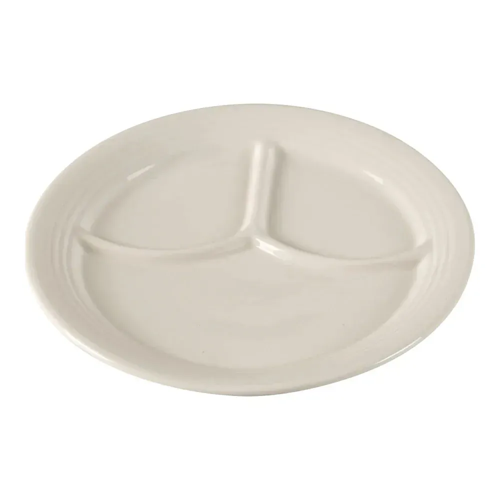 Yanco China white recovery compartment dinner plate keeps foods separate for neat, appealing presentation in cafeterias, hotels, and catered service.