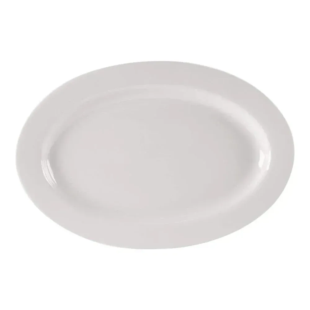 Yanco China oval white recovery appetizer platter is ideal for desserts and starters in sleek contemporary dining and elegant restaurant settings.