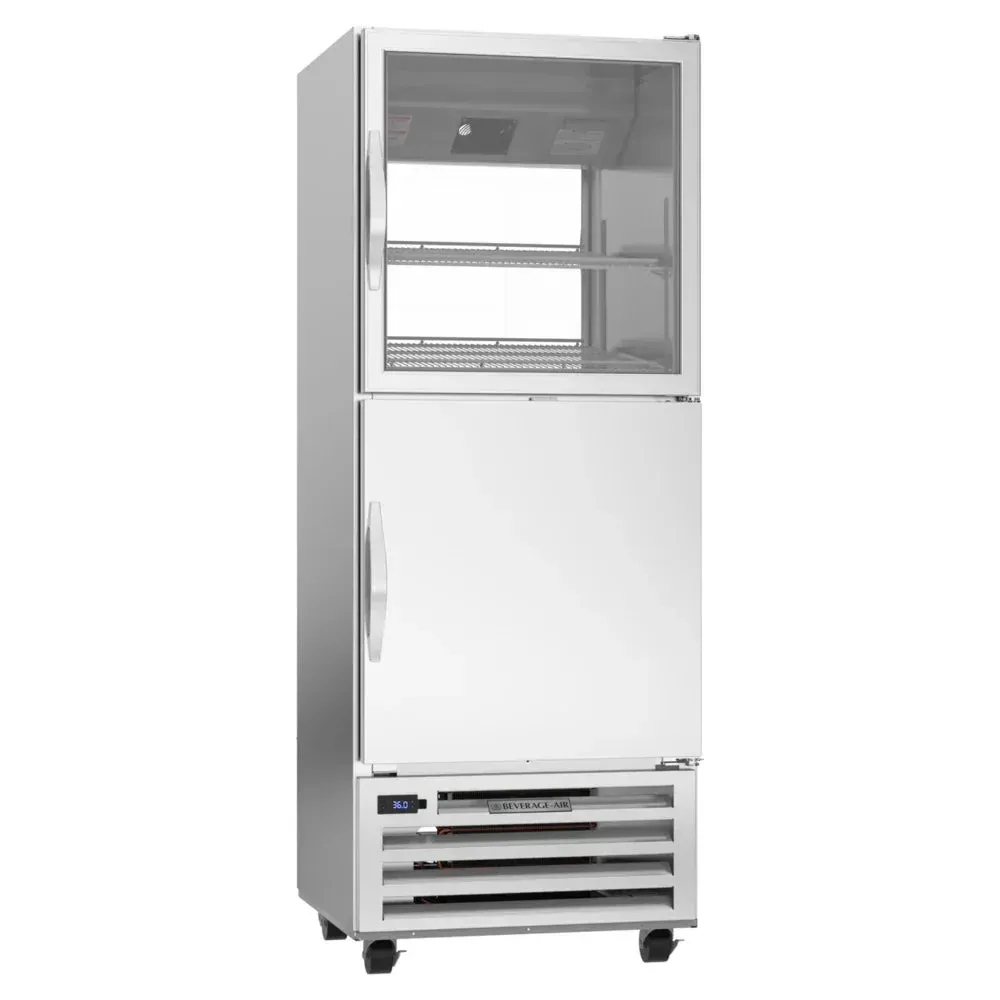 Pass-thru refrigerator with top glass and bottom solid half-door from Beverage-Air, combining product display with secure storage.